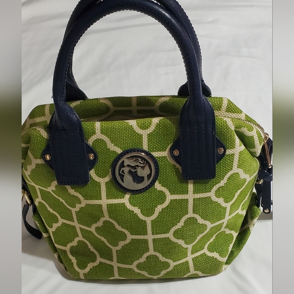 Spartina 459 Green and Navy Linen Handbag. Leather Strapes. - Picture 1 of 5